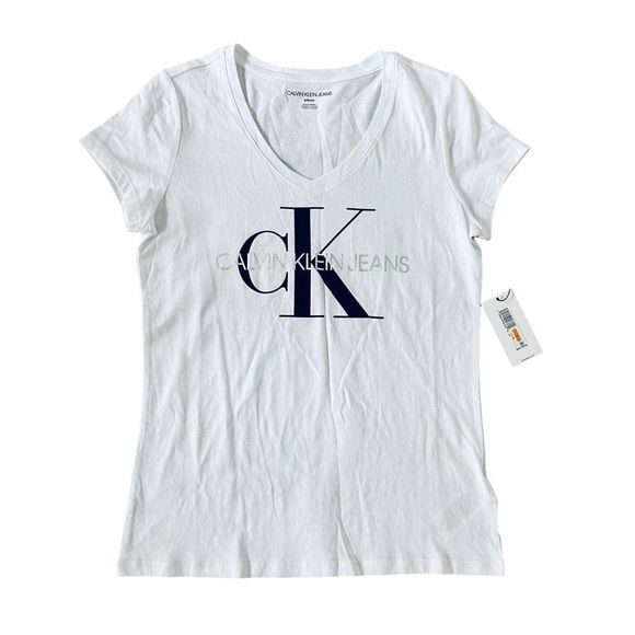 NWT Calvin Klein V Neck White Shirt Logo Tee - Picture 5 of 14